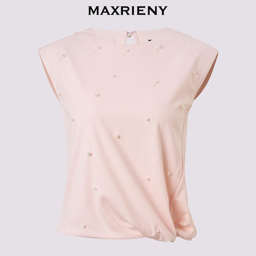 马克门店发货：MAXRIENY樱花粉温柔收腰抽褶短袖T恤女无袖修身上衣(货号:MC86TS004) 商品图4