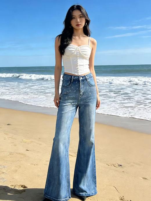 爆款烫钻【自营】1628超显瘦春季牛仔星空钻筒喇裤长款拖地裤-喜出 商品图0