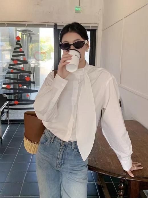 推荐！【自营】飘带～韩系高级感简约白色圆领衬衫女2026春季新款百搭衬衣-喜出 商品图1