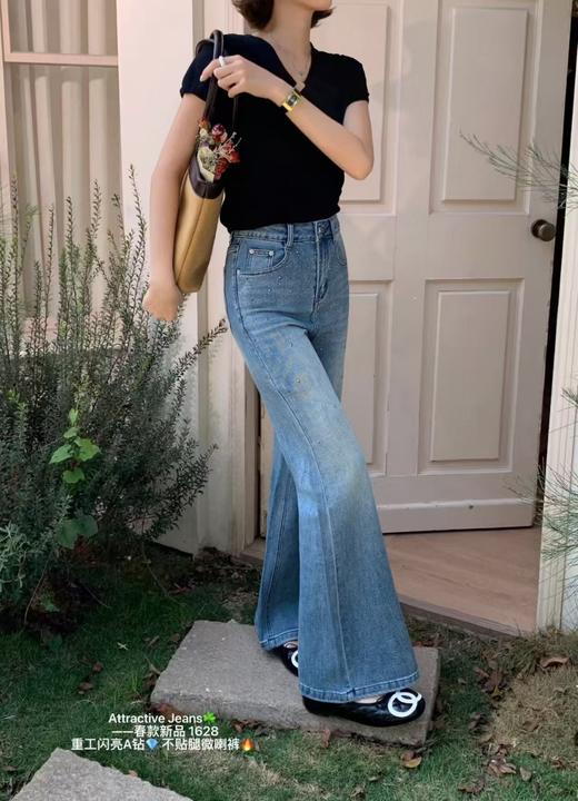 爆款烫钻【自营】1628超显瘦春季牛仔星空钻筒喇裤长款拖地裤-喜出 商品图2