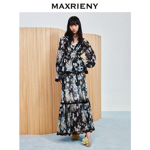 玛克门店发货：MAXRIENY压褶复古宫廷印花蕾丝雪纺衫上衣女波嬉风(货号:MC86TP037) 商品图1