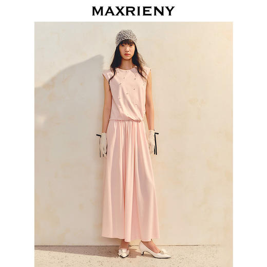 马克门店发货：MAXRIENY樱花粉温柔收腰抽褶短袖T恤女无袖修身上衣(货号:MC86TS004) 商品图1