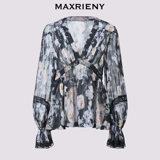 玛克门店发货：MAXRIENY压褶复古宫廷印花蕾丝雪纺衫上衣女波嬉风(货号:MC86TP037) 商品图4