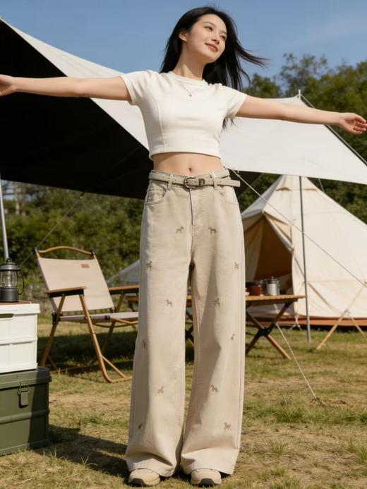 爆款刺绣马【自营】8666美式复古设计感小马刺绣牛仔裤高腰宽松垂感显瘦阔腿直筒裤-喜出 商品图0