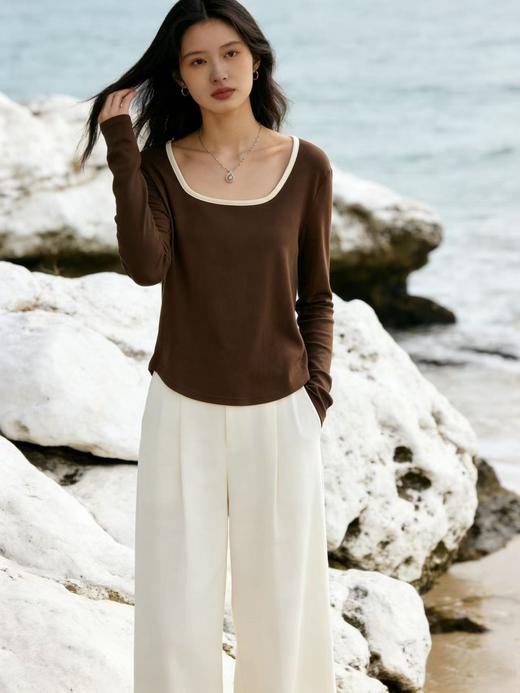 418良粉节|2026 活动爆款 液态般丝滑【自营】 感知天生柔软！超舒服！63628方领95%再生纤维短款长袖T恤上衣-喜出 商品图6