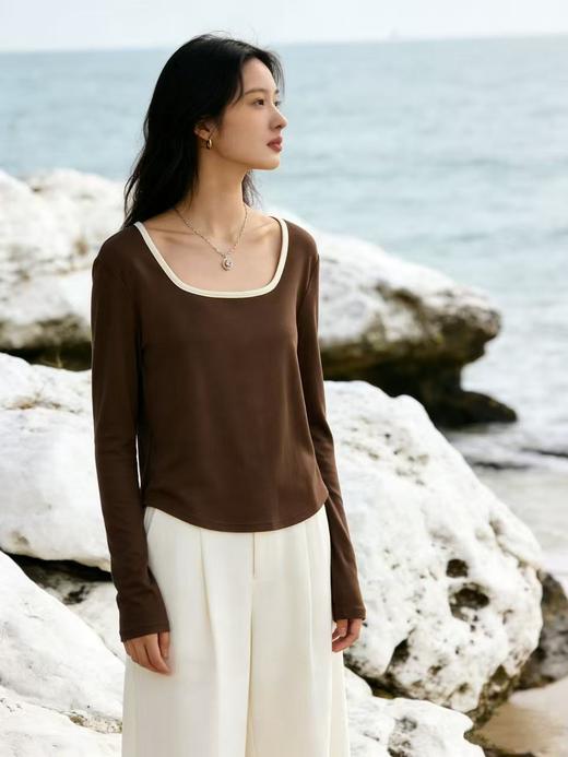 418良粉节|2026 活动爆款 液态般丝滑【自营】 感知天生柔软！超舒服！63628方领95%再生纤维短款长袖T恤上衣-喜出 商品图5