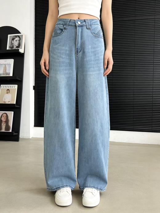 百搭简约【自营】2106 微弹春季浅色口袋立体条直筒牛仔裤-喜出 商品图0