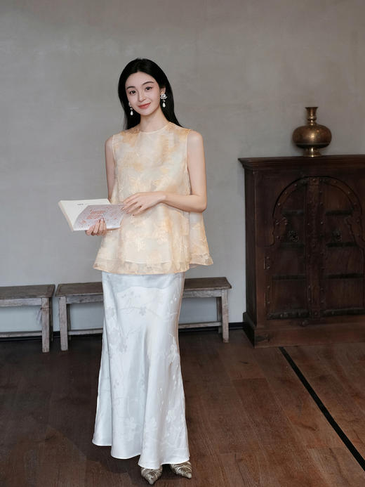 盛唐牡丹 | 浅香槟色真丝绡女上衣 商品图0