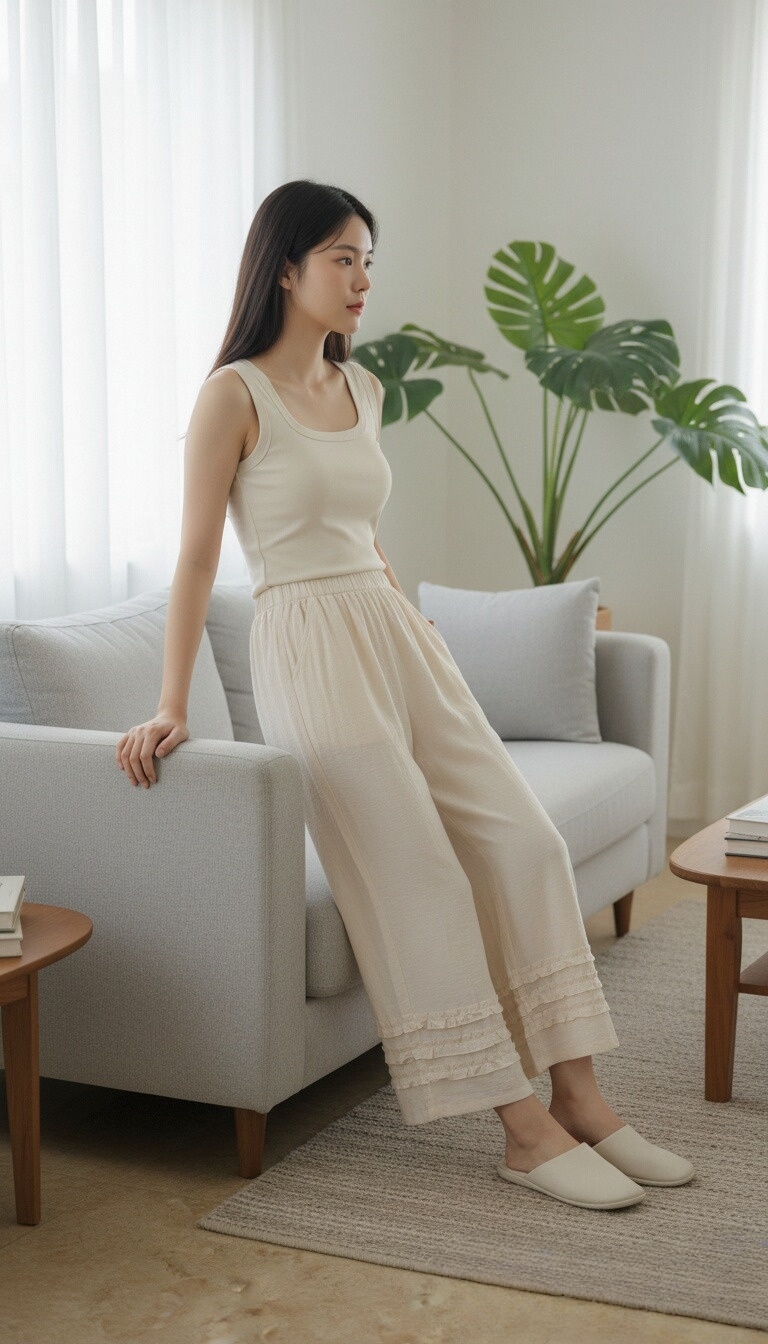 【抽褶压花遛弯女神裤】春夏家居遛弯裤木耳边女神裤  H262271058