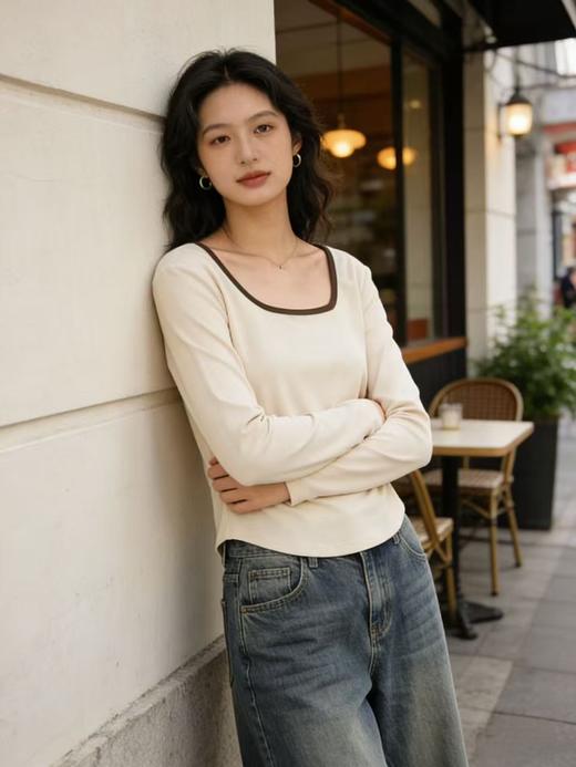 418良粉节|2026 活动爆款 液态般丝滑【自营】 感知天生柔软！超舒服！63628方领95%再生纤维短款长袖T恤上衣-喜出 商品图3