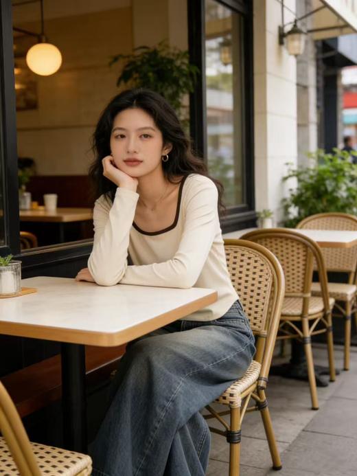 418良粉节|2026 活动爆款 液态般丝滑【自营】 感知天生柔软！超舒服！63628方领95%再生纤维短款长袖T恤上衣-喜出 商品图2