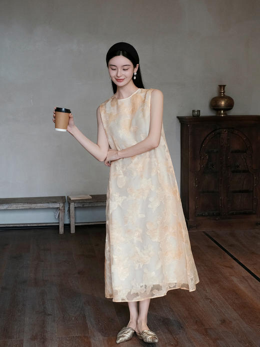 盛唐牡丹 | 浅香槟色真丝绡女裙 商品图0