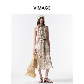 VIMAGE纬漫纪挂脖露肩显瘦度假风休闲印花无袖连衣裙2026夏季新款V2507211