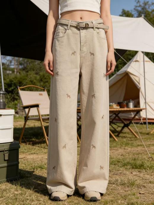 爆款刺绣马【自营】8666美式复古设计感小马刺绣牛仔裤高腰宽松垂感显瘦阔腿直筒裤-喜出 商品图1