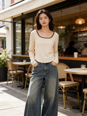 418良粉节|2026 活动爆款 液态般丝滑【自营】 感知天生柔软！超舒服！63628方领95%再生纤维短款长袖T恤上衣-喜出