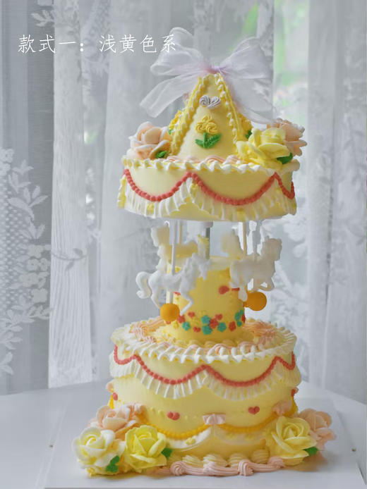 6英寸双层旋转木马 - 裱花戚风水果生日蛋糕（带音乐，可旋转） 商品图1