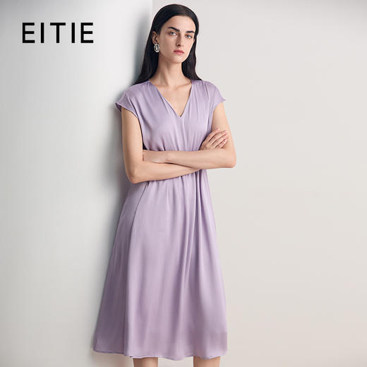 EITIE爱特爱2026夏季新款气质V领通勤显瘦时尚缎面连衣裙8607330 商品图0
