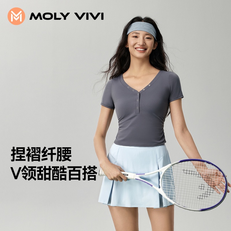 魔力薇薇V领水波纹抽褶T恤女短袖2026夏新款轻薄磨毛显瘦运动上衣