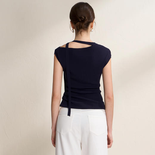 EITIE爱特爱优雅飘带领设计修身褶皱包肩短袖针织衫2026夏季新款B2601202 商品图6