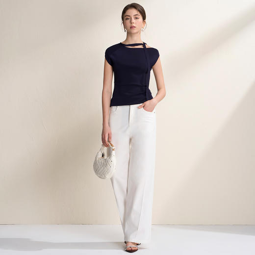 EITIE爱特爱优雅飘带领设计修身褶皱包肩短袖针织衫2026夏季新款B2601202 商品图4