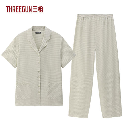 Threegun三枪 纯棉彩格翻领开襟短袖长裤女家居套-T80161D01 商品图5
