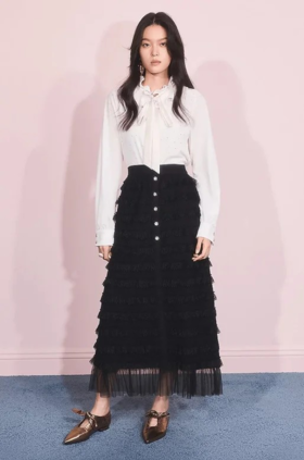 精致优雅感层叠荷叶边25春秋显瘦高腰中长裙（MS86SK522A90）