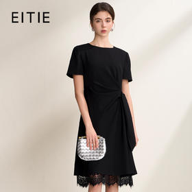 EITIE爱特爱优雅气质黑色拼接蕾丝花边短袖通勤连衣裙2026夏新款B2607204