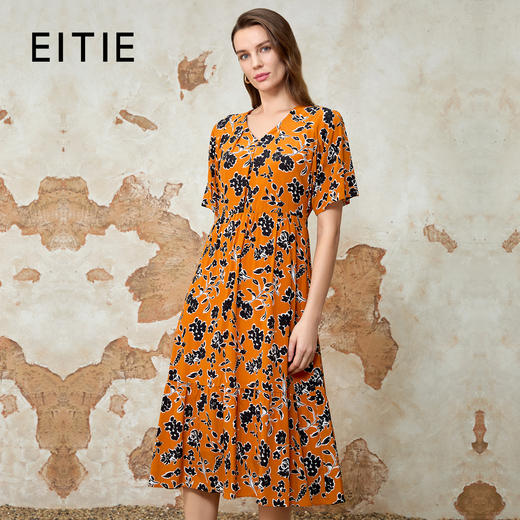 EITIE爱特爱时尚高腰a字显瘦印花V领连衣裙夏季新款8207947 商品图0