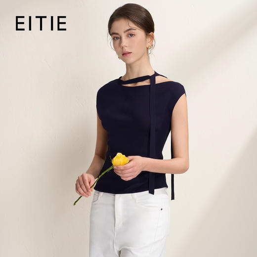 EITIE爱特爱优雅飘带领设计修身褶皱包肩短袖针织衫2026夏季新款B2601202 商品图1