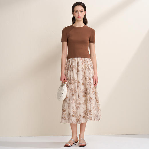 EITIE爱特爱复古褐色印花莱赛尔混纺A字松紧腰半身裙2026夏季新款B2606210 商品图1