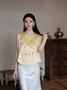 盛唐牡丹盛奢系列 | 松花黄手推绣真丝马甲