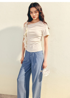 MAXRIENY[商场同款】浪漫优雅斜领T恤女25夏设计感修身居家上衣（MU86TS001）