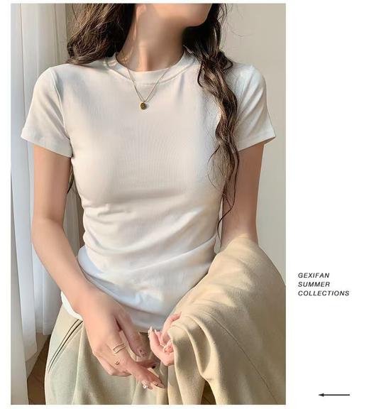 自营【特价T恤】王炸爆款～正肩修身弹力款！螺纹棉显瘦正肩0基础夏季短袖T恤0 6001-喜出 商品图1