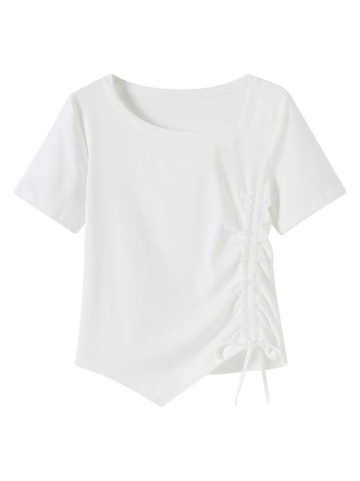 自营【特价T恤】王炸爆款～斜开领抽绳！螺纹棉韩系抽绳设计感短袖T恤0 2336-喜出 商品图2