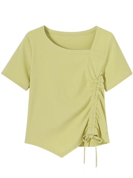 自营【特价T恤】王炸爆款～斜开领抽绳！螺纹棉韩系抽绳设计感短袖T恤0 2336-喜出 商品图3