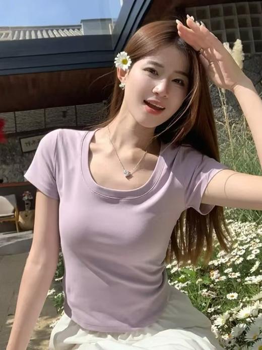 自营【特价T恤】王炸爆款～大U领！螺纹棉韩系百搭低领弹力短款短袖T恤0 6003-喜出 商品图0