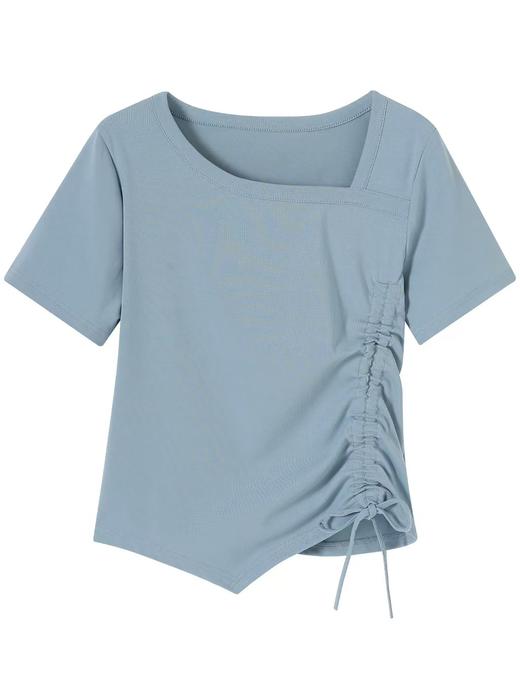 自营【特价T恤】王炸爆款～斜开领抽绳！螺纹棉韩系抽绳设计感短袖T恤0 2336-喜出 商品图4