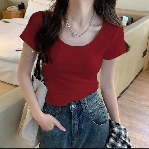 自营【特价T恤】王炸爆款～大U领！螺纹棉韩系百搭低领弹力短款短袖T恤0 6003-喜出 商品图3