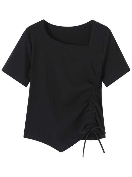 自营【特价T恤】王炸爆款～斜开领抽绳！螺纹棉韩系抽绳设计感短袖T恤0 2336-喜出 商品图5