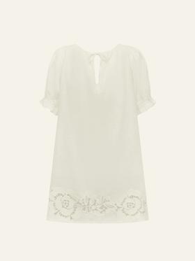 PEONY - Embroidered Poets Mini Dress - Gardenia - 女装 - 连身裙 - 白色