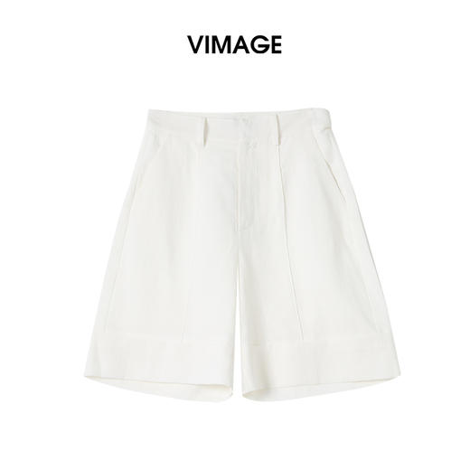 VIMAGE纬漫纪2026夏季新款莱赛尔亚麻高腰直筒白色休闲通勤显瘦短裤V2505225 商品图0