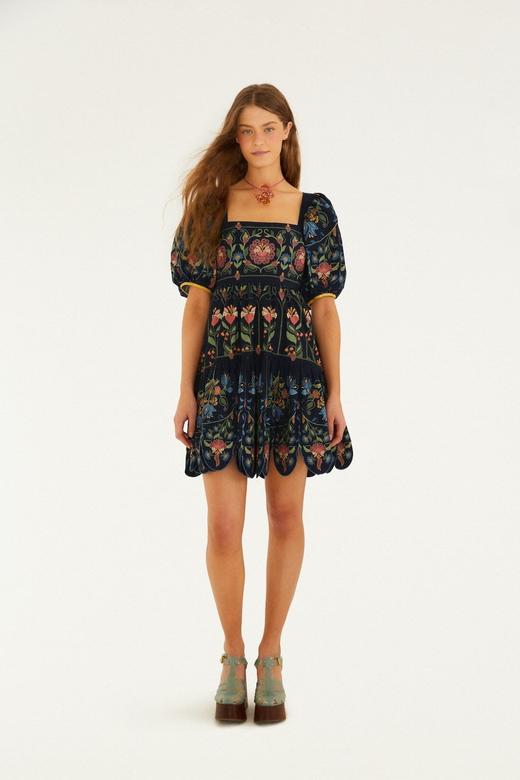 Farm Rio - Stitched Garden Mini Dress - Navy Blue - 女装 - 连身裙 - 深蓝色 商品图0