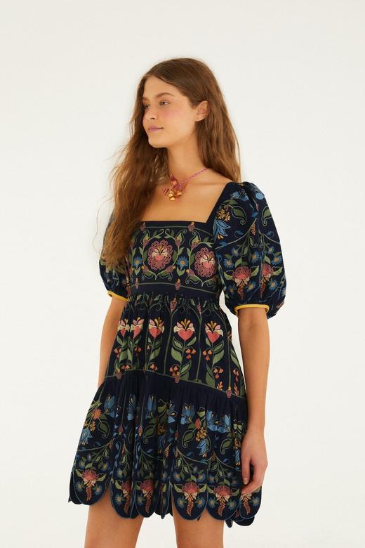 Farm Rio - Stitched Garden Mini Dress - Navy Blue - 女装 - 连身裙 - 深蓝色 商品图1