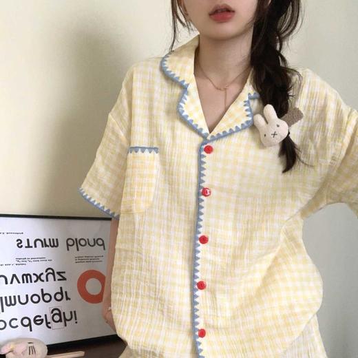 夏季家居秒杀59元【可爱舒适云朵棉睡衣】夏天新款短袖套装 撞色格子开衫家居服 商品图2