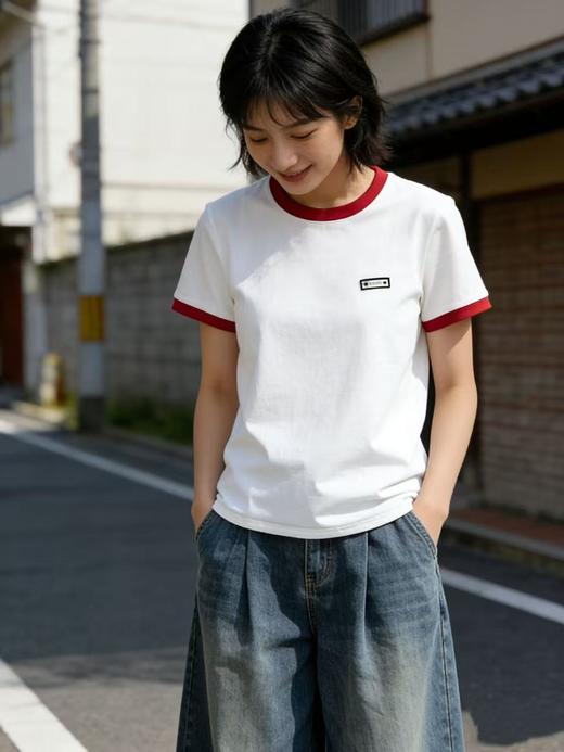 性价比天花板【自营】小标红色撞色领！4006精梳棉95%圆领短袖T恤上衣-喜出 商品图2