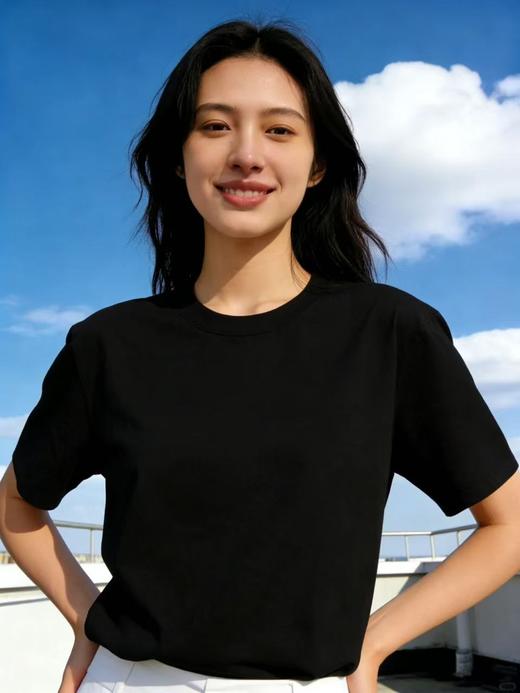 【自营】“黑色”纯色T恤！7808百搭95%棉圆领简约休闲短袖T恤上衣-喜出 商品图1