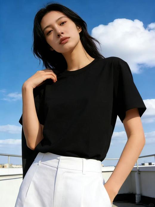 【自营】“黑色”纯色T恤！7808百搭95%棉圆领简约休闲短袖T恤上衣-喜出 商品图0