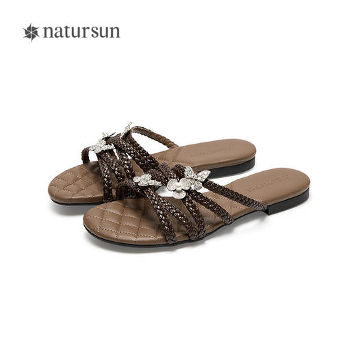 【上新】natursun灵动钻扣一字拖女2026夏季新款编织时尚休闲外穿平底拖鞋N26360202 商品图4