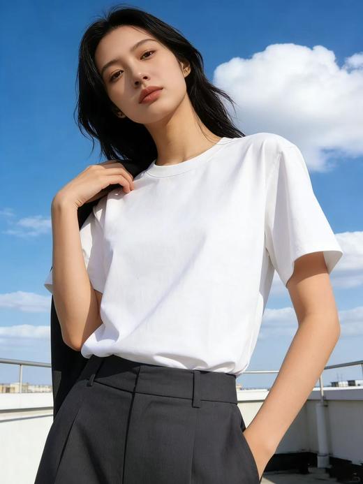 【自营】“白色”纯色T恤！7808百搭95%棉圆领简约休闲短袖T恤上衣-喜出 商品图0