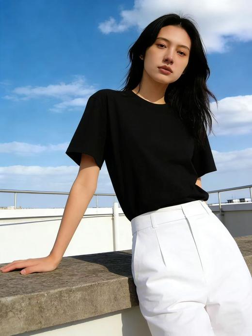 【自营】“黑色”纯色T恤！7808百搭95%棉圆领简约休闲短袖T恤上衣-喜出 商品图3